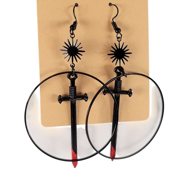 Gothic Sword Hoop Earrings Black Red Blade Sunburst Dangle Cosplay Jewelry 3" - Picture 9 of 9